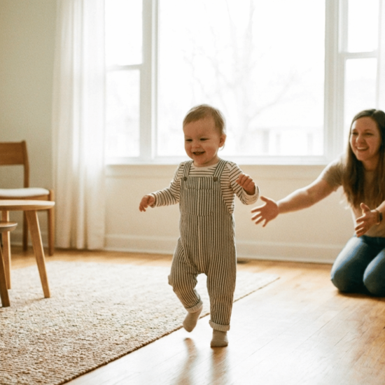 Baby taking first steps toward a parent in a bright living room.