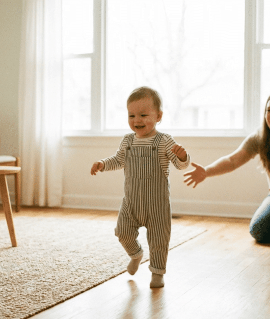 Baby taking first steps toward a parent in a bright living room.