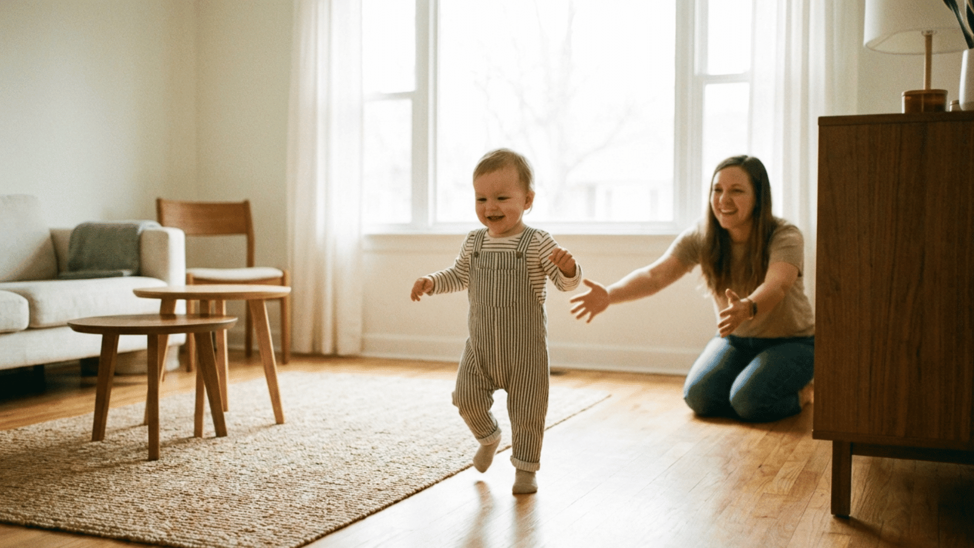 Baby taking first steps toward a parent in a bright living room.