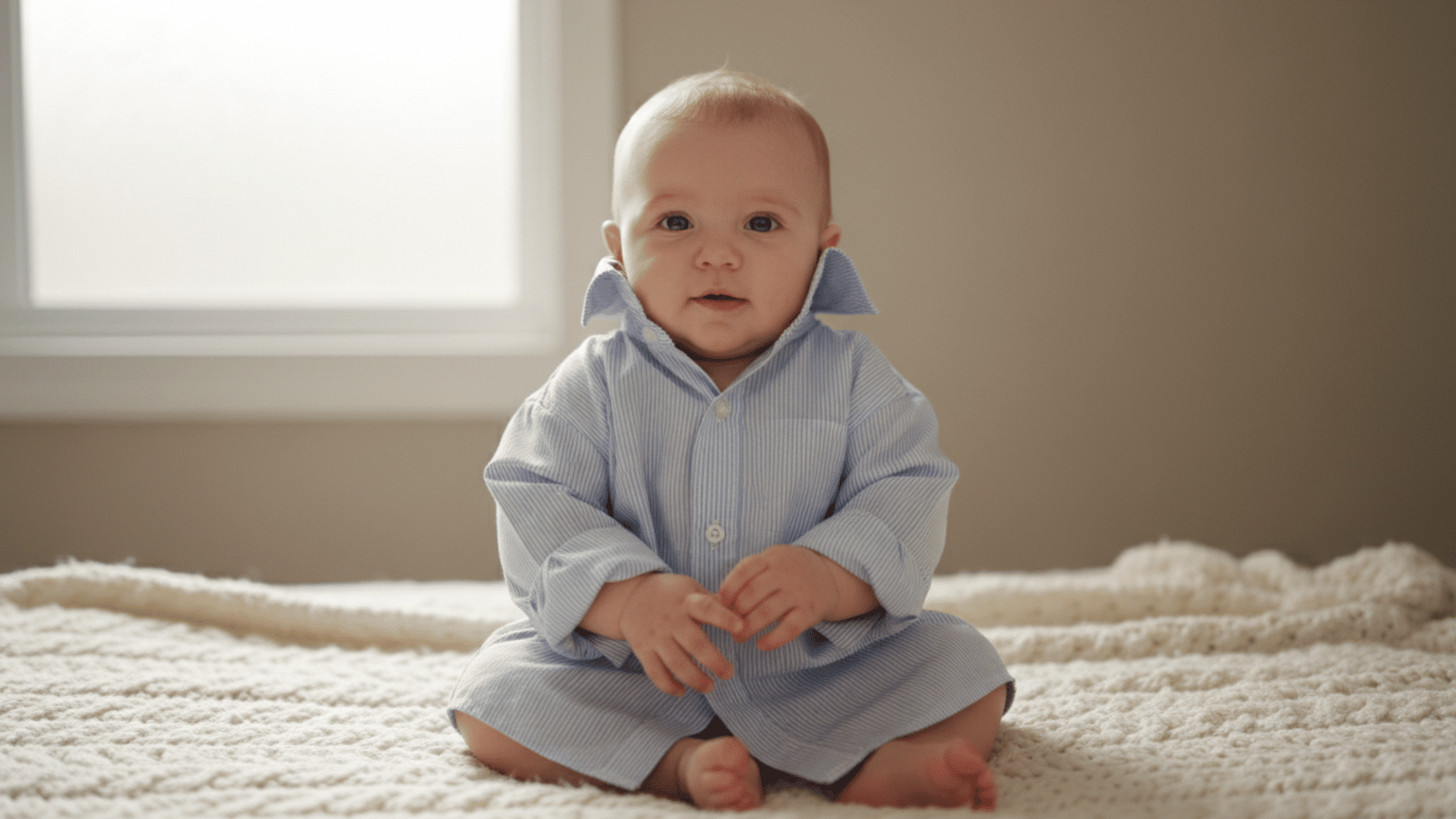 Baby wearing dad’s oversized shirt for a playful milestone photo.