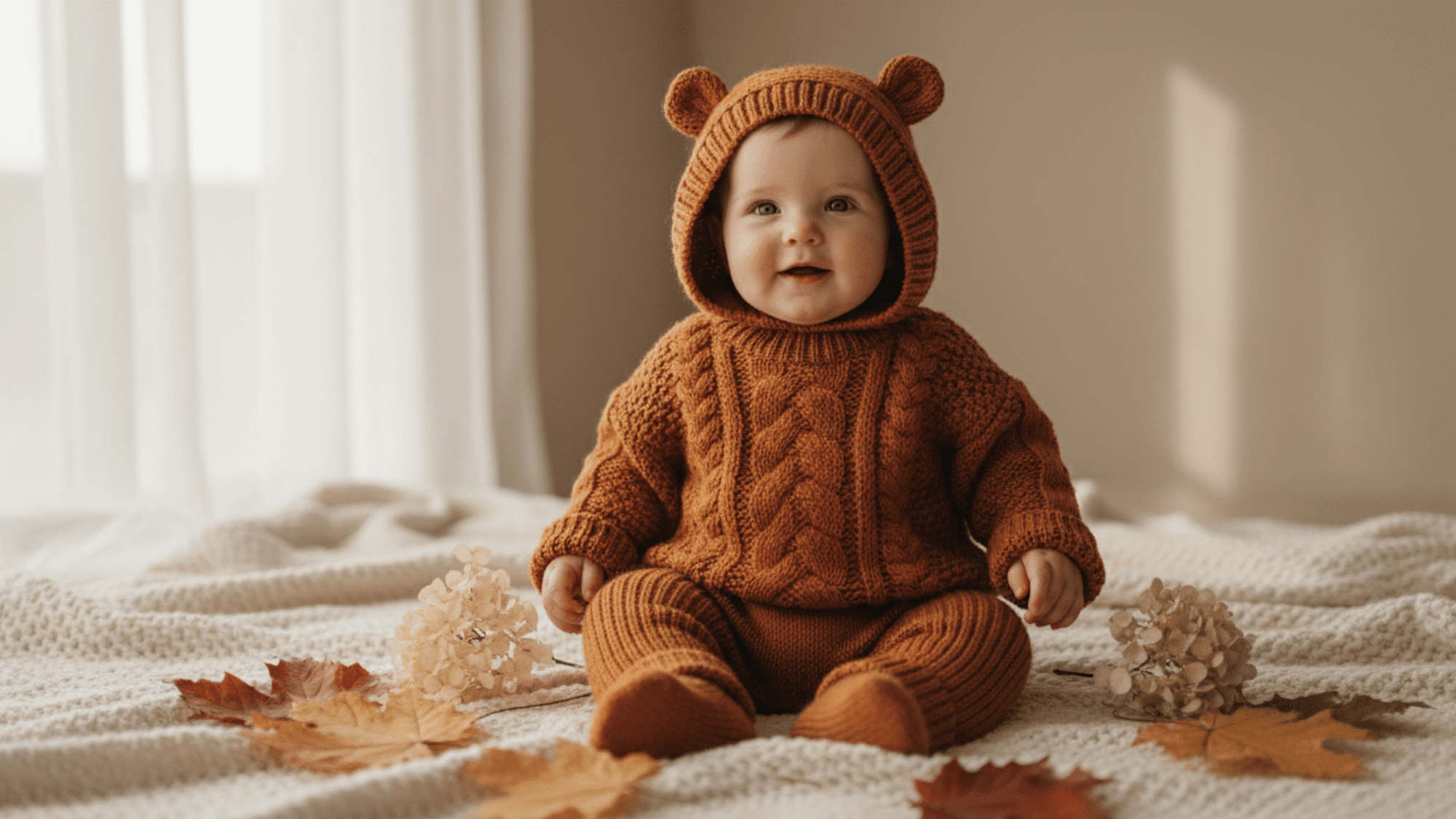 Baby wearing seasonal outfit for monthly milestone photo.