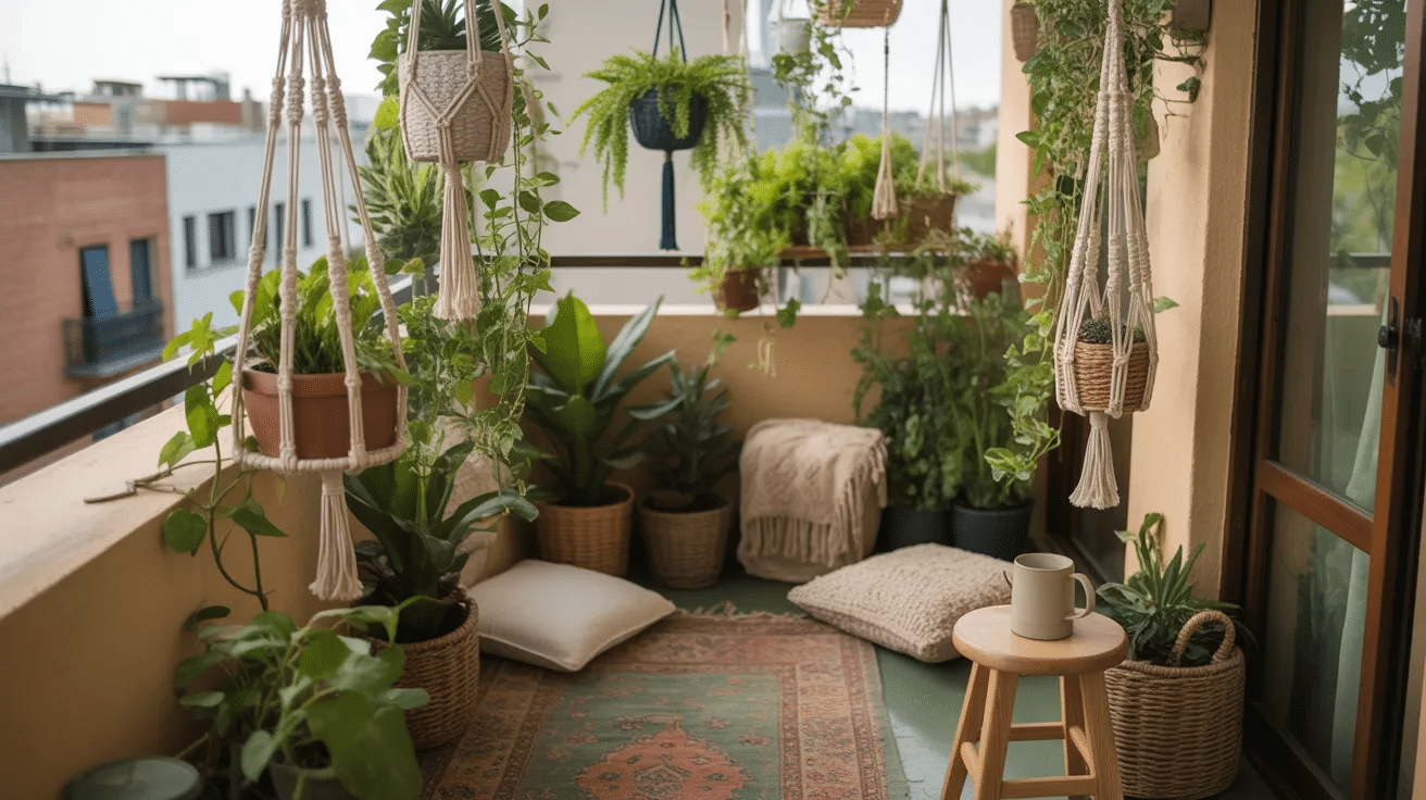 Balcony with hanging plants creating a green and space-saving boho setup