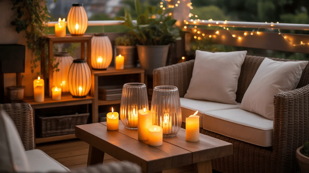 Balcony with lanterns and candles creating a warm and inviting outdoor space