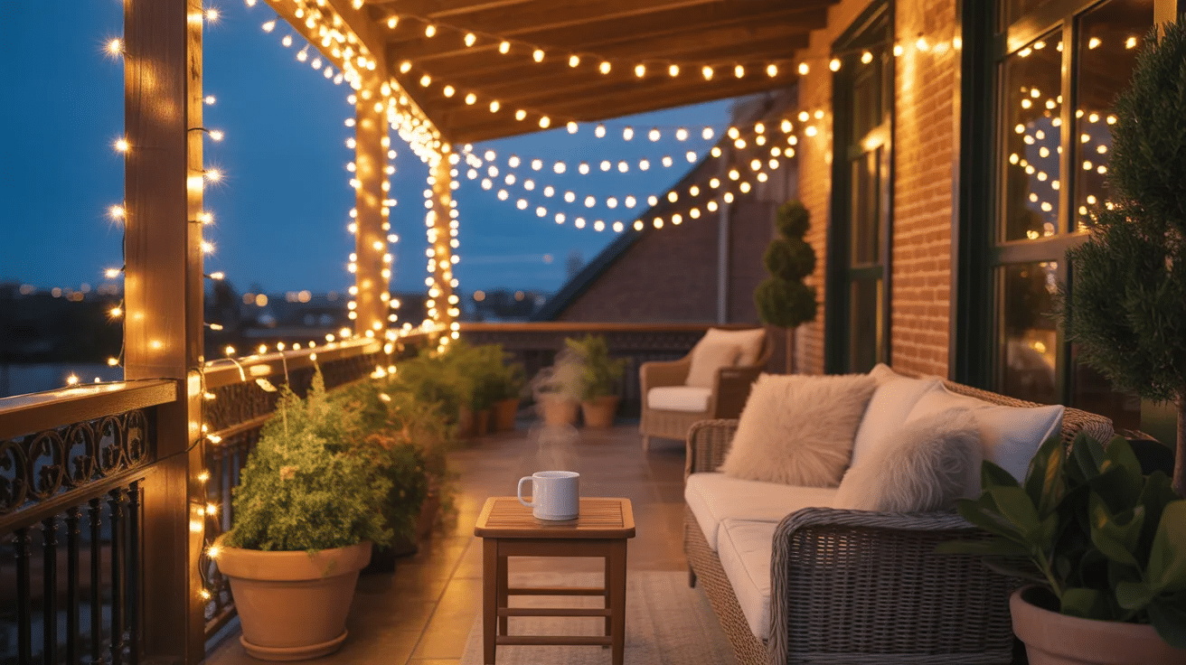 Balcony with string lights adding warm ambiance to a cozy outdoor setting