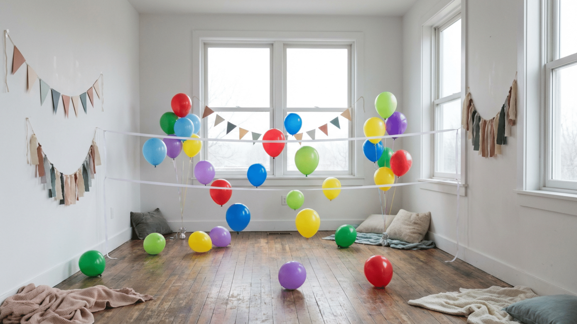 Balloon volleyball game setup for indoor birthday party