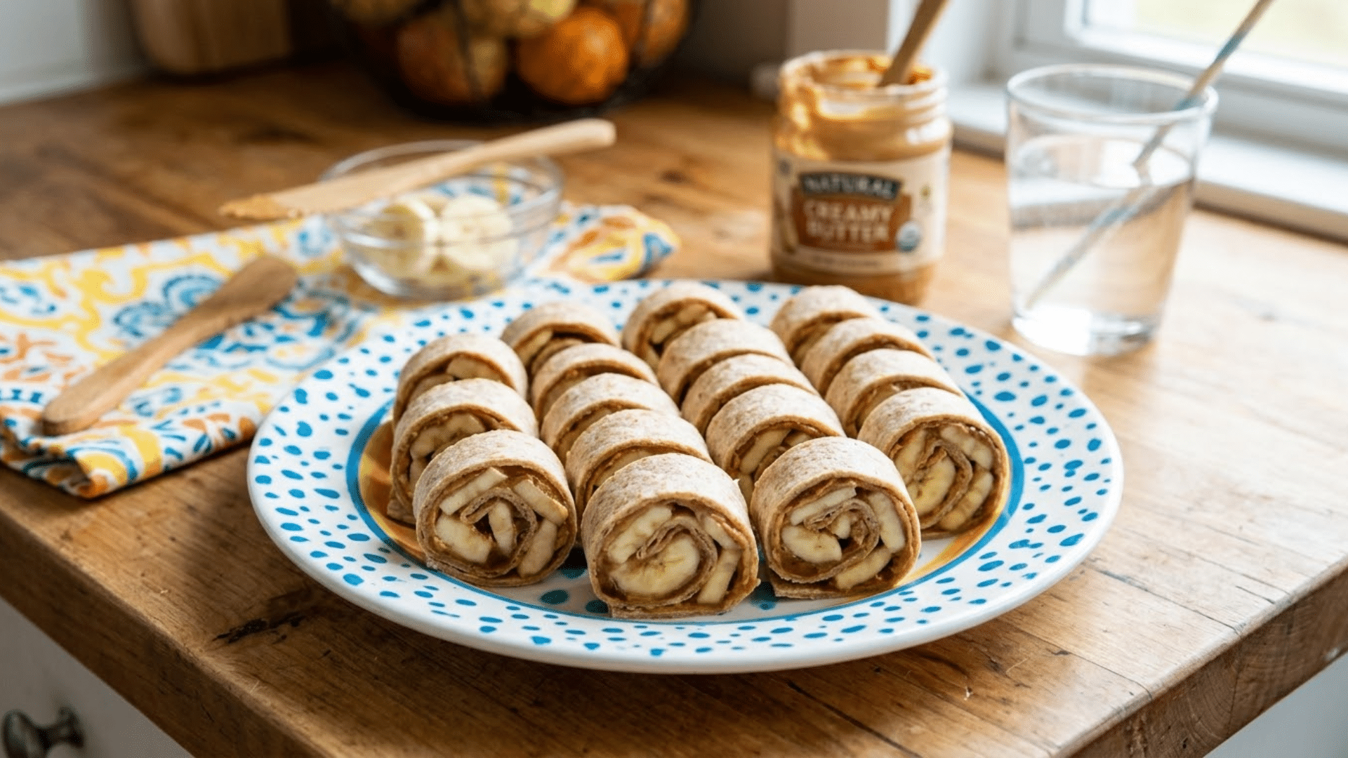 Banana roll-ups with peanut butter in a whole wheat tortilla, an easy snack for kids