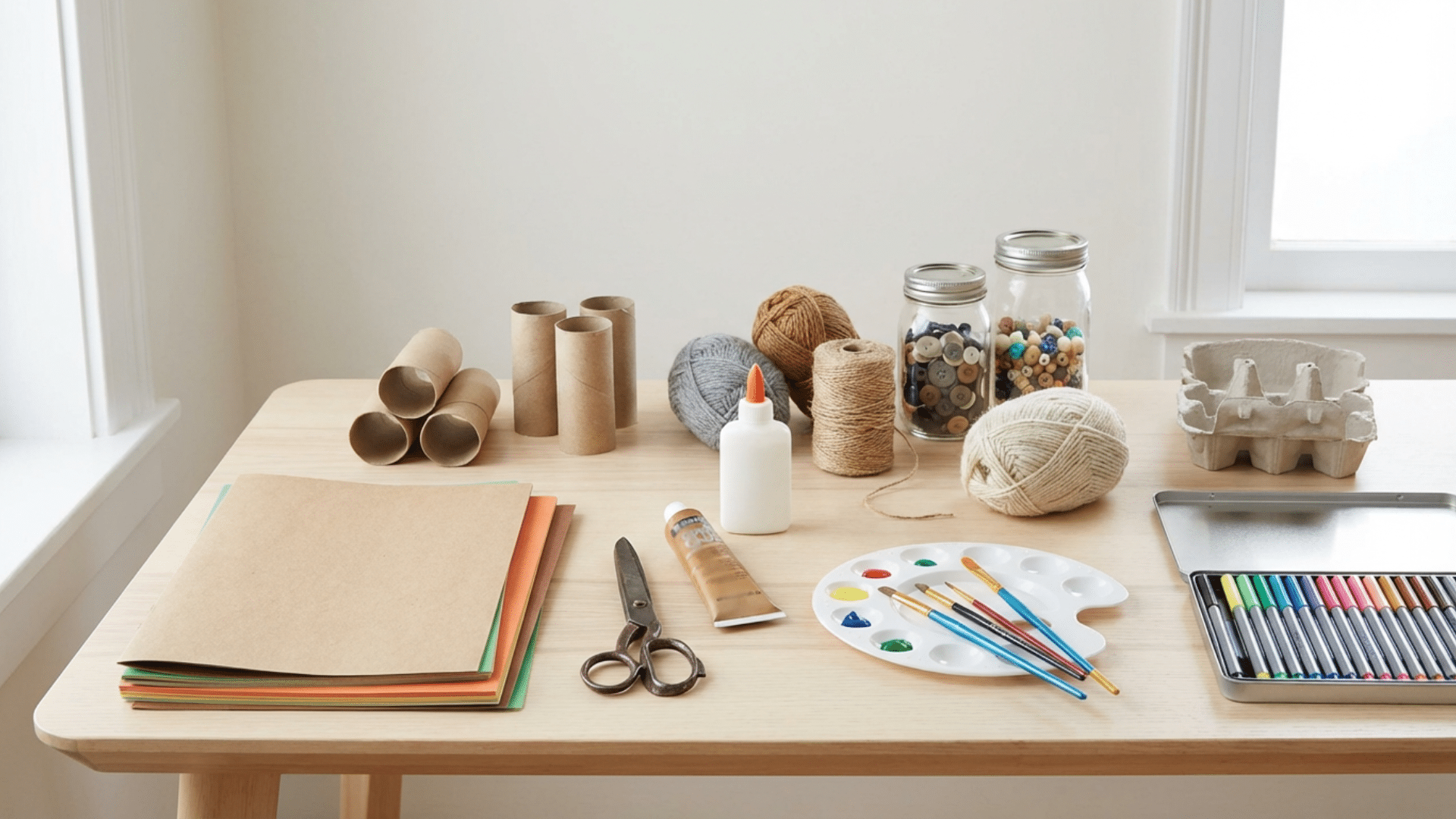 Basic craft supplies like paper, glue, scissors, paint, and recycled items neatly arranged on table