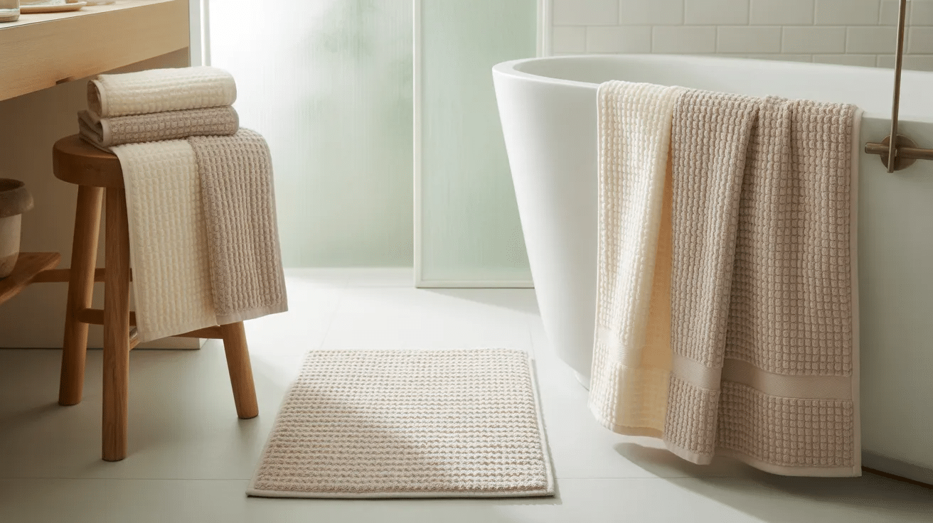 Bathroom styled with textured towels and rugs in soft neutral colors