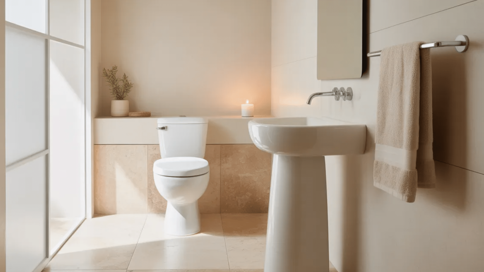 Bathroom with soft neutral colors creating a calm and open boho style space