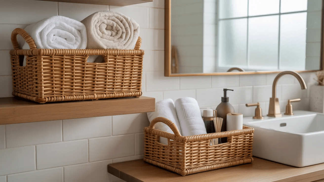 Bathroom with woven baskets used for storage while adding natural texture