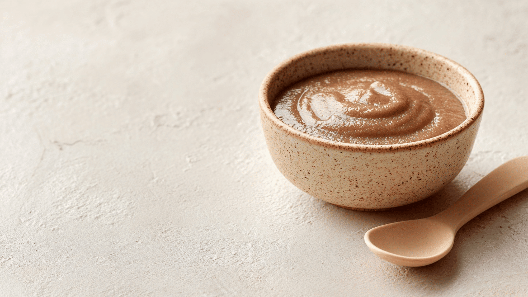 Beef puree in a baby bowl with spoon on a clean kitchen surface