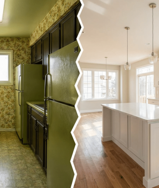 Before and after home renovation showing transformation