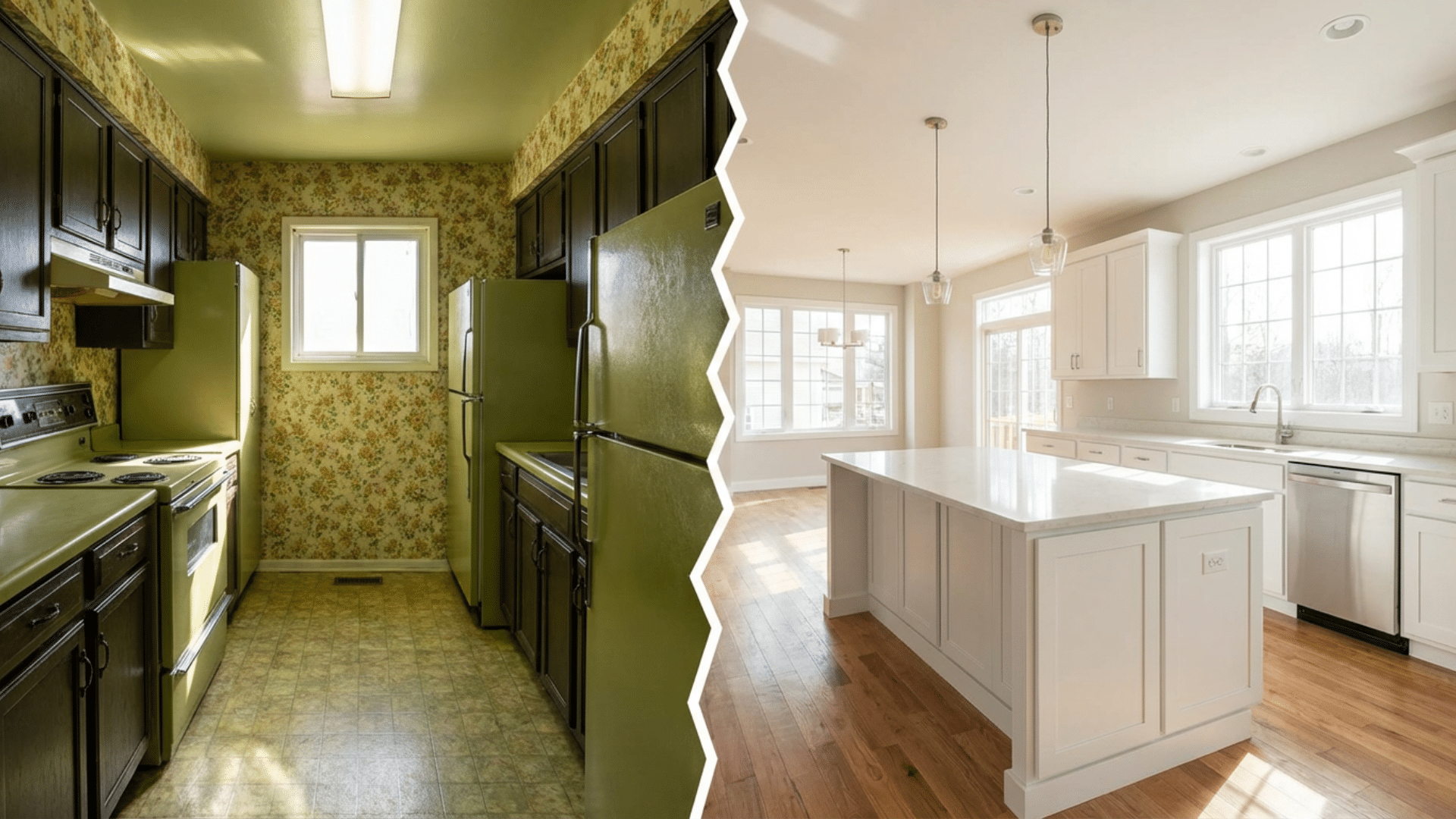 Before and after home renovation showing transformation
