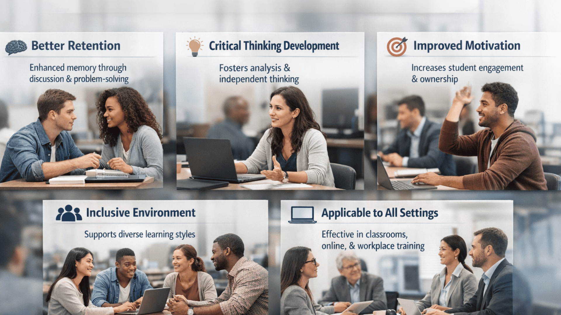 Benefits of active learning infographic showing retention, critical thinking, motivation, inclusivity, and real-world application in classroom