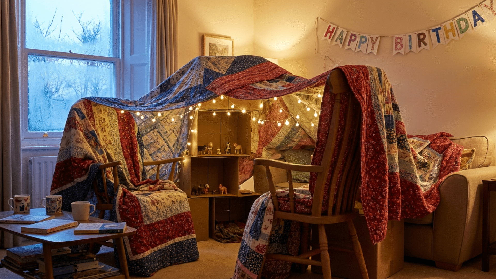 Blanket fort setup for birthday party activity