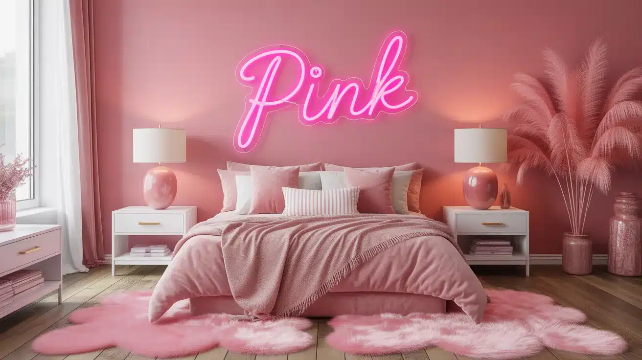 Blush walls, a hot pink neon sign, and fluffy rugs making a bold and feminine pink aesthetic room idea