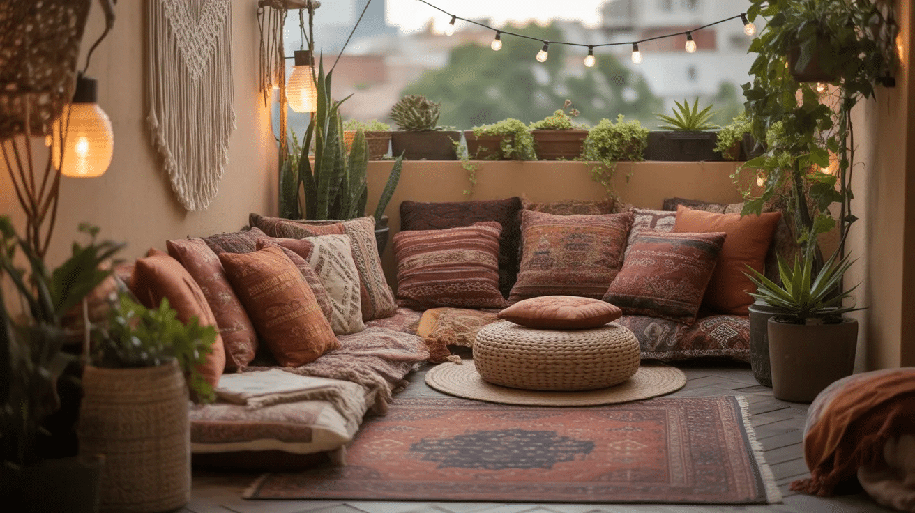 Boho balcony with floor seating and cushions creating a cozy outdoor space