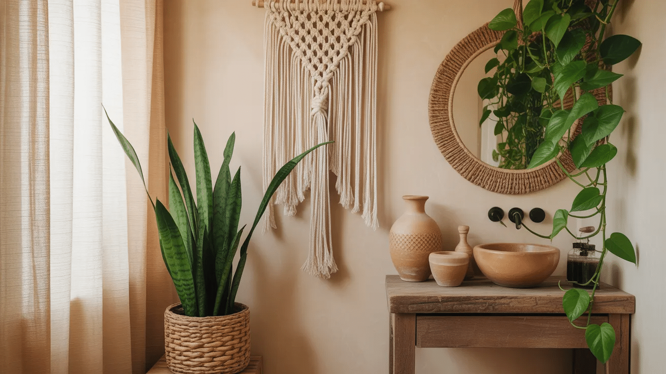 Boho bathroom with plants adding freshness and a calm spa-like atmosphere