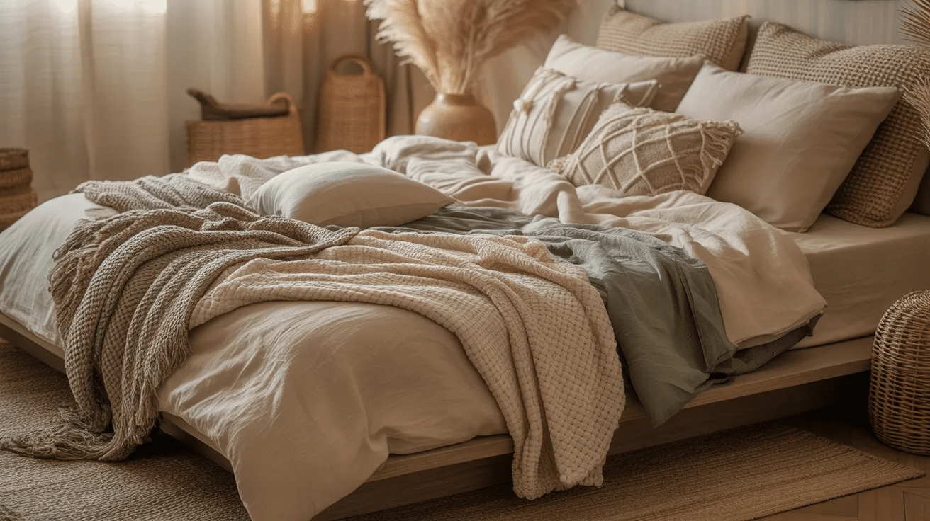 Boho bedroom with layered bedding in soft fabrics and neutral tones for a cozy look