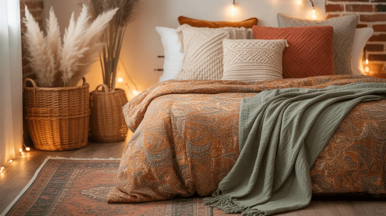 Boho bedroom with mixed patterns and prints balanced with soft coordinated colors