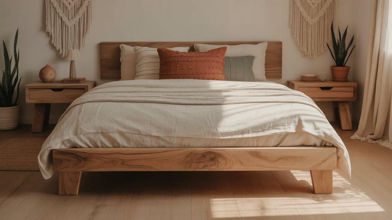 Boho bedroom with natural wood furniture adding warmth and a grounded look to the space