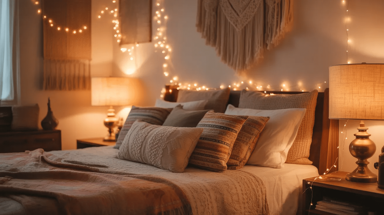Boho bedroom with warm lighting from lamps and fairy lights creating a calm atmosphere