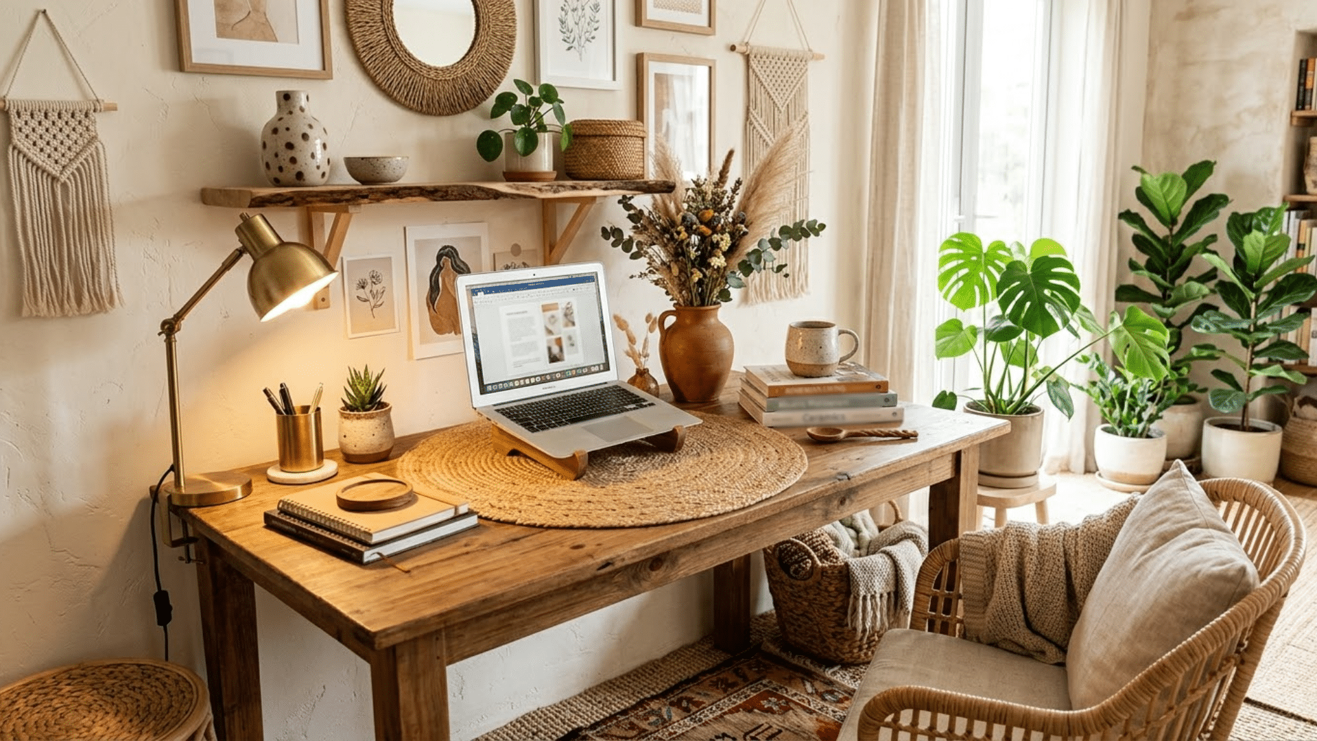 Boho desk setup with layered decor and textures creating a warm workspace