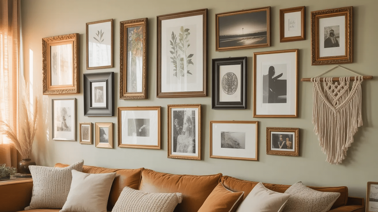 Boho gallery wall with mixed art frames and prints arranged in a relaxed and personal style