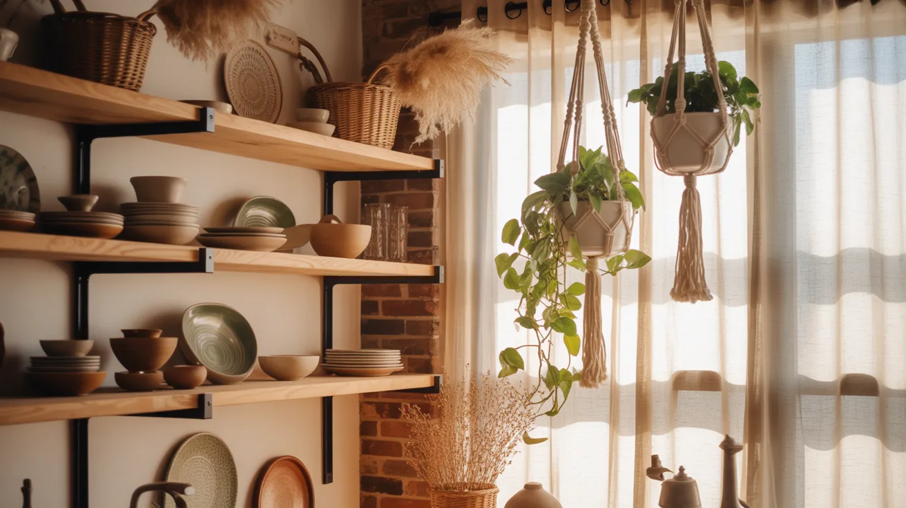 Boho kitchen with open shelves styled with ceramics and simple everyday kitchen items