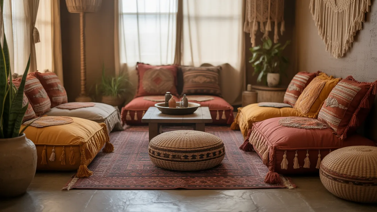 Boho living room with floor cushions and low seating in soft earthy tones and relaxed layout