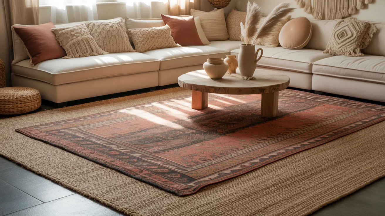 Boho living room with layered rugs showing mixed patterns and soft textures in warm tones