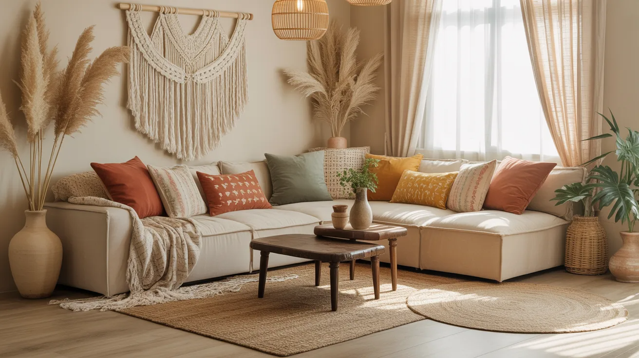 Boho living room with neutral base and colorful accents through pillows and decor elements