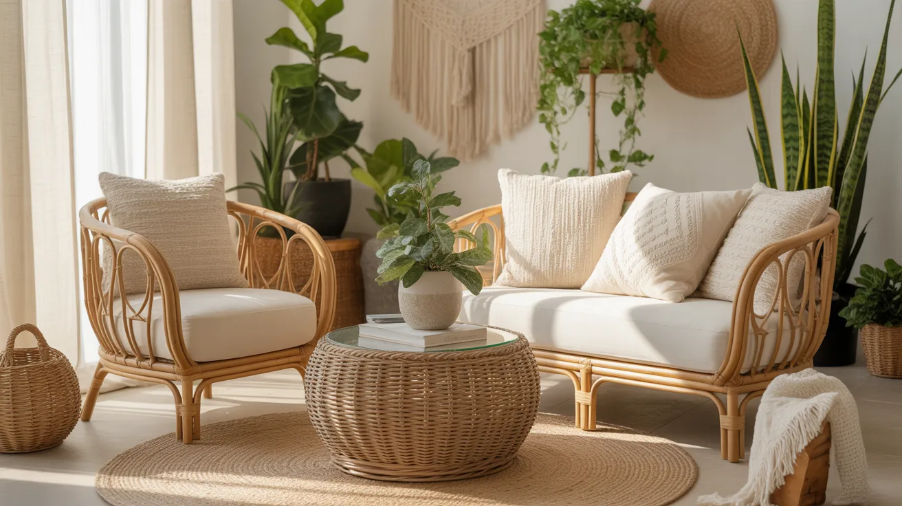 Boho living room with rattan furniture and plants creating a light and natural interior feel