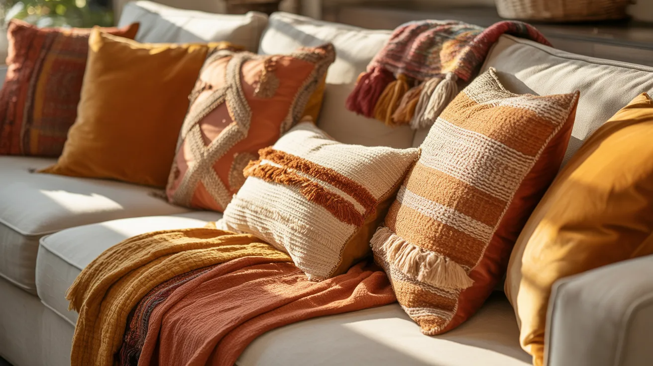 Boho sofa styled with textured pillows and cozy throws creating a warm and inviting space