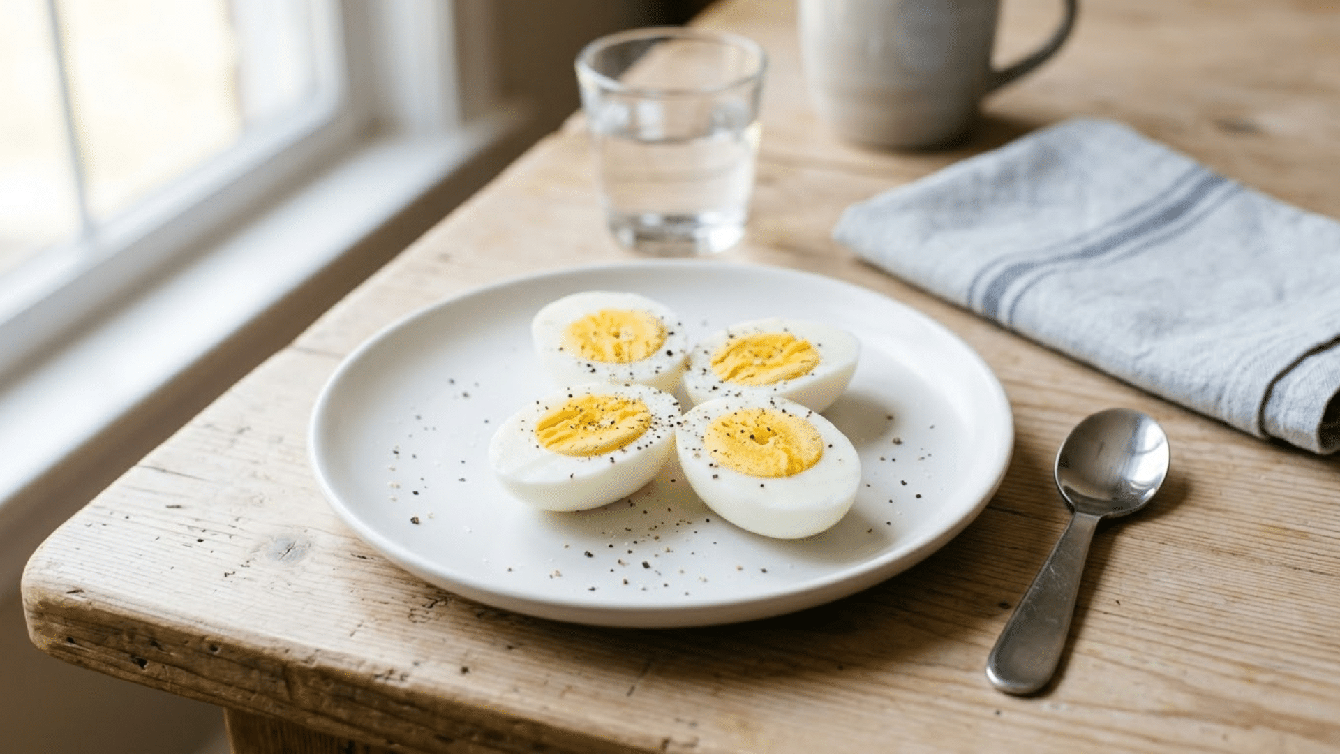 Boiled eggs sliced and lightly seasoned, a simple protein-rich snack option for kids