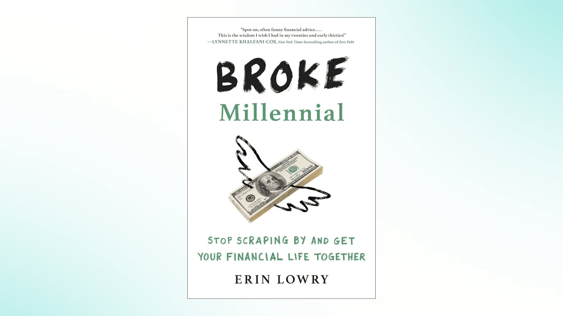 Book cover of the Broke Millennial book against a green gradient background