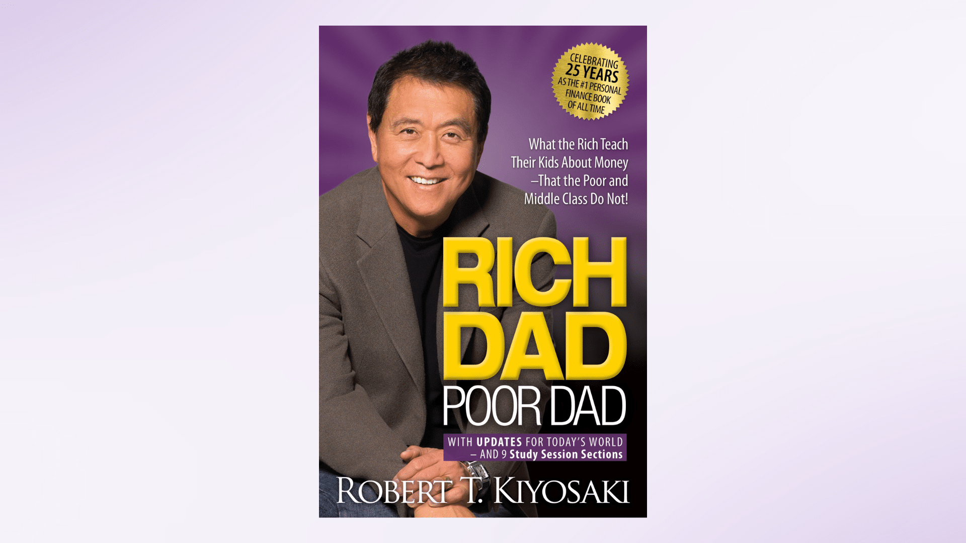Book cover of the Rich Dad, Poor Dad book against a purple gradient background