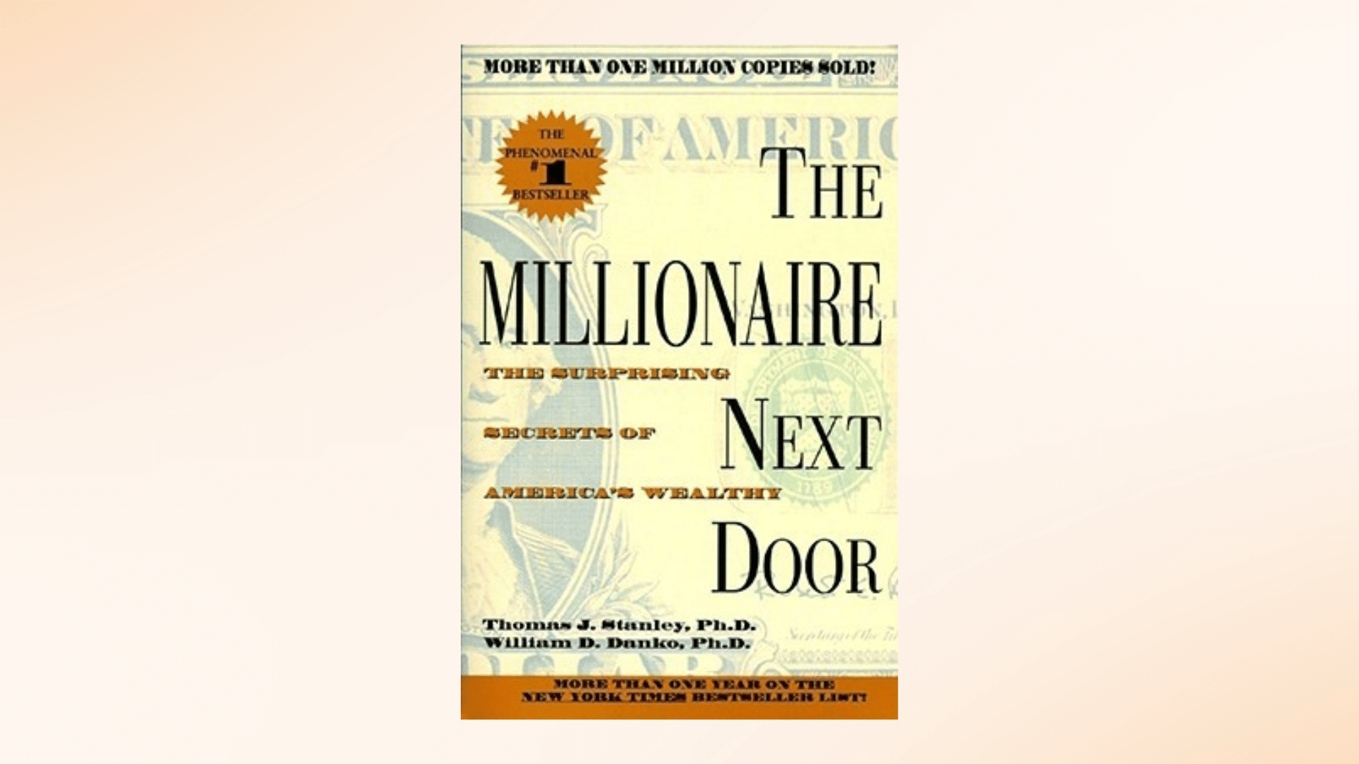 Book cover of the The Millionaire Next Door book against a brown gradient background
