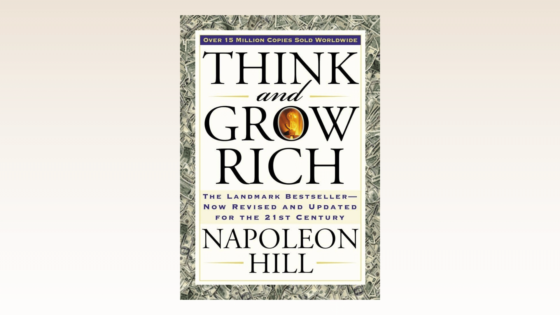 Book cover of the Think and Grow Rich book against a brown gradient background