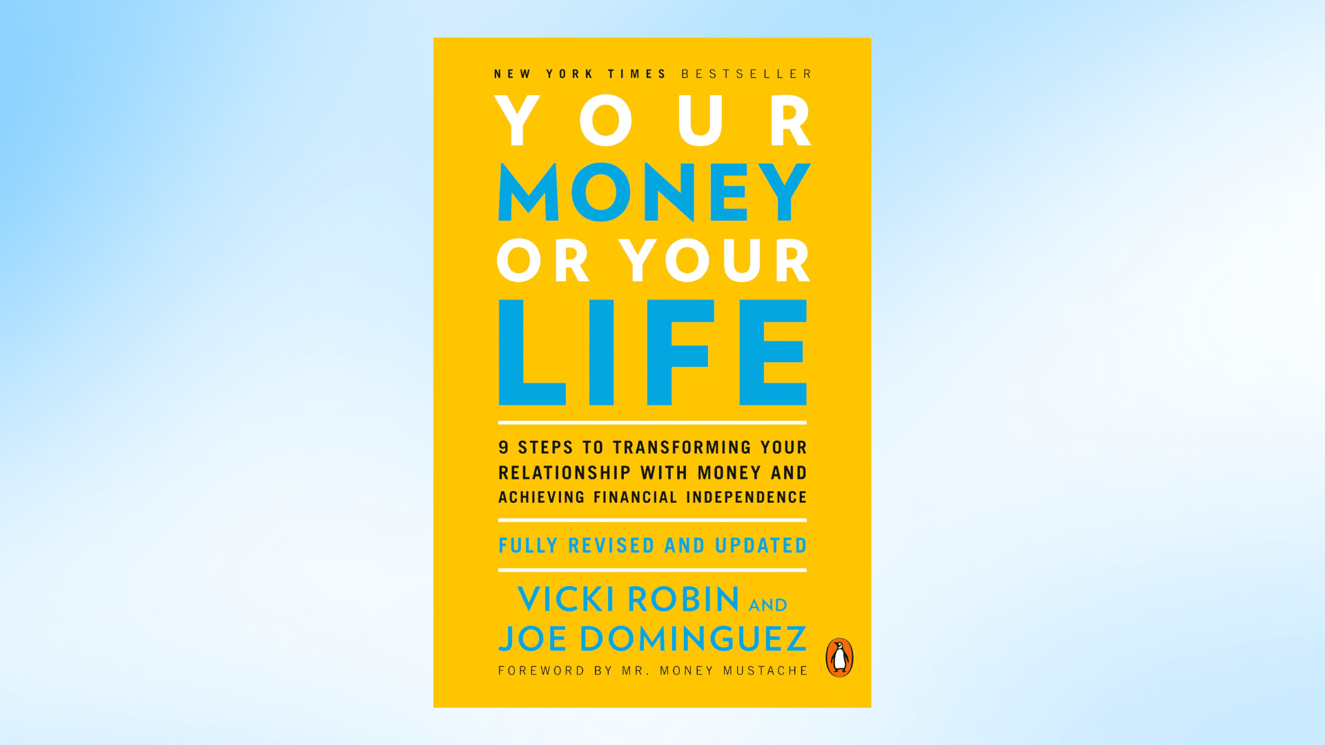 Book cover of the Your Money or Your Life book against a blue gradient background