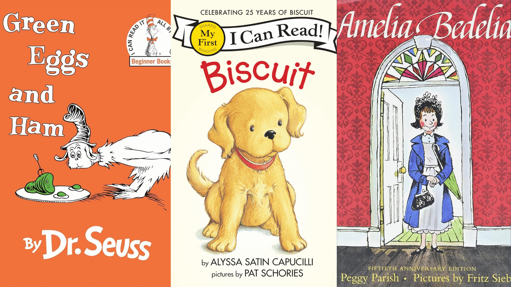 Book covers for Dr. Seuss's Green Eggs and Ham, Biscuit, and Amelia Bedelia arranged side-by-side.