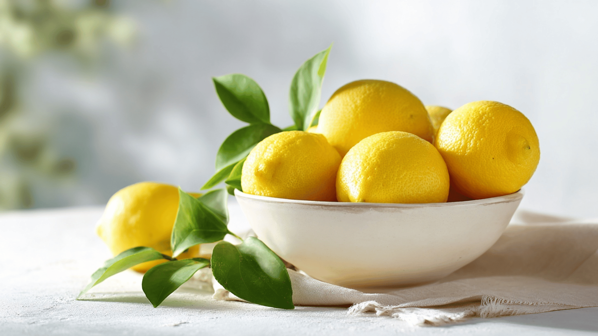Bowl of lemons with greenery on a table