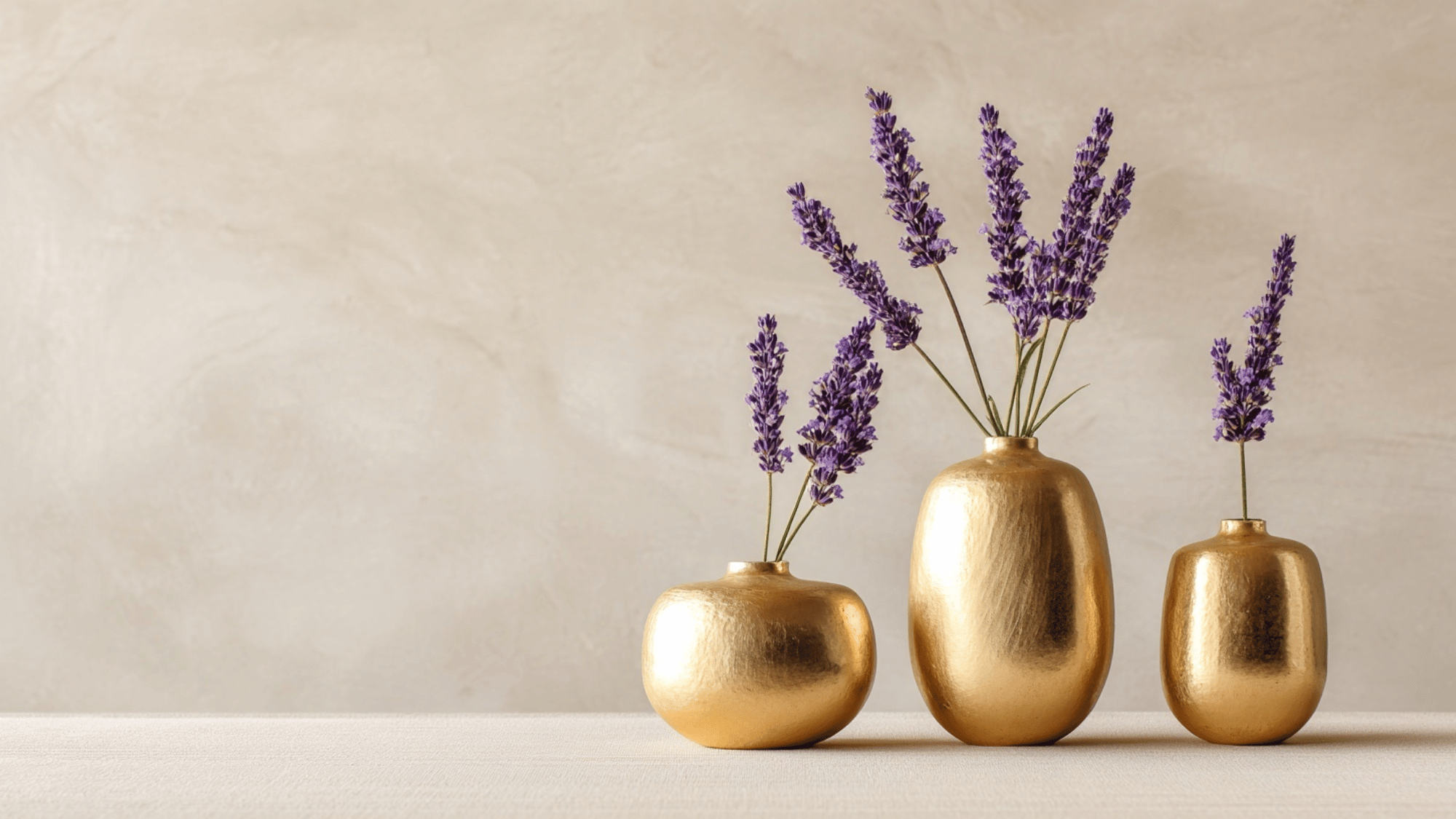 Brass vases with lavender stems on table