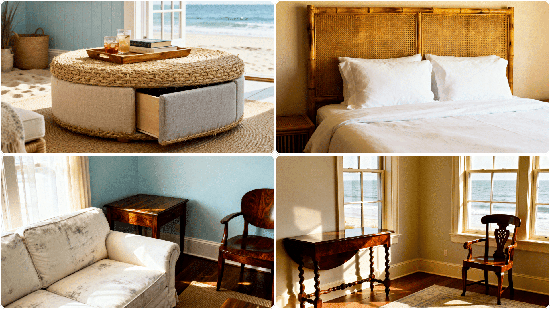 Bright coastal room collage with wicker ottoman, rattan bed, sofa, wooden chair, and ocean views through sunlit windows