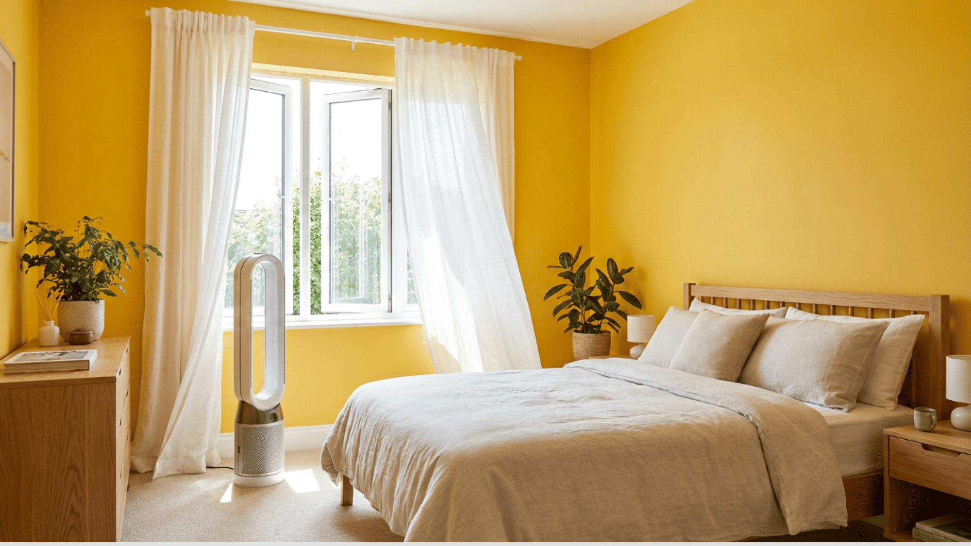 Bright yellow bedroom featuring a wooden bed, white sheer curtains blowing in from an open window.