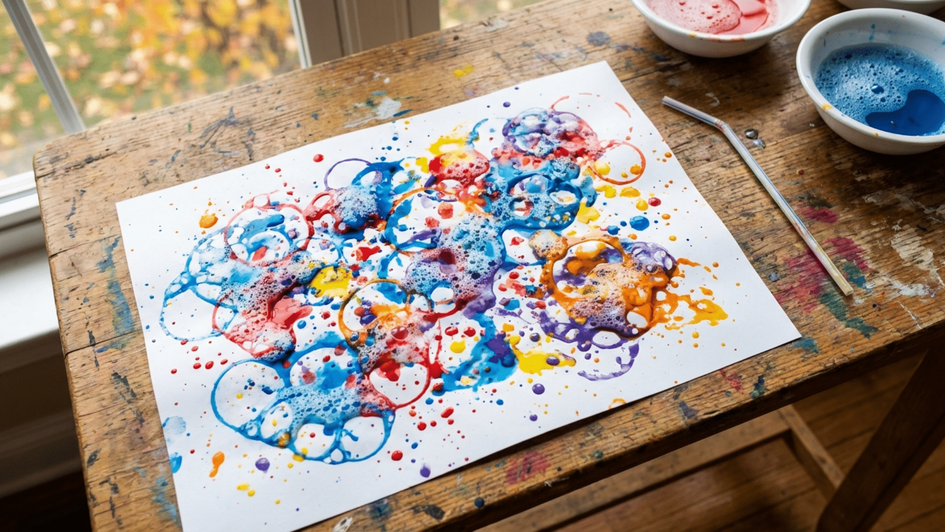 Bubble painting art activity using colored bubbles