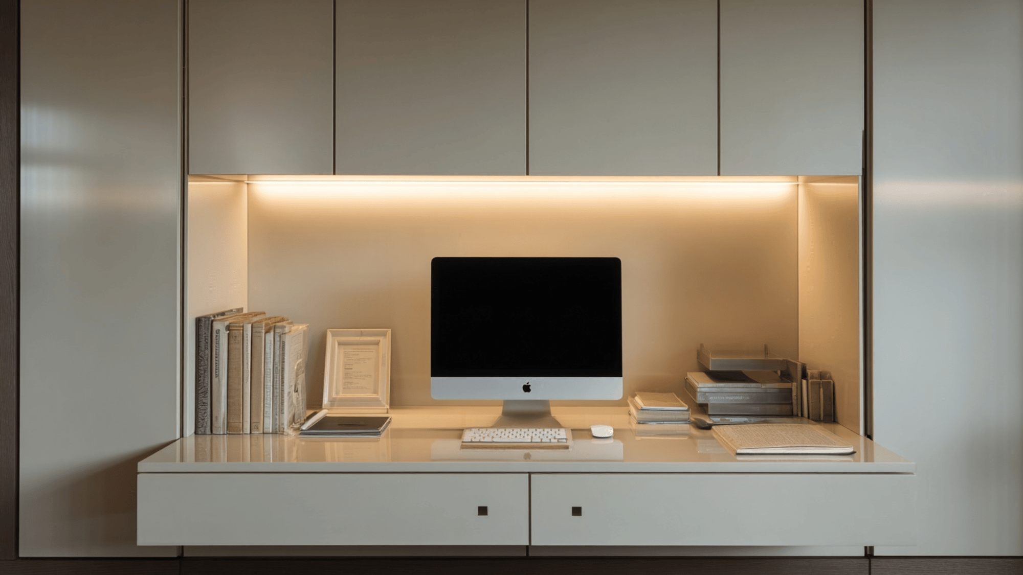 Built-in home office desk with storage and clean modern design