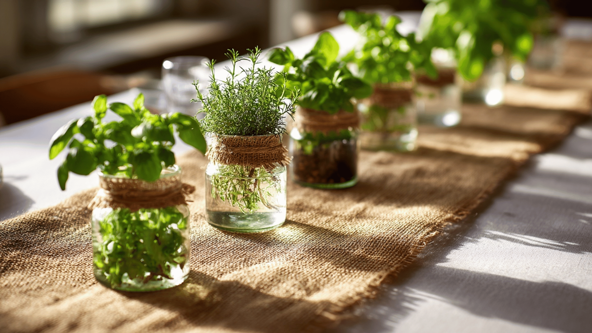 Burlap runner with jars of fresh herbs on table
