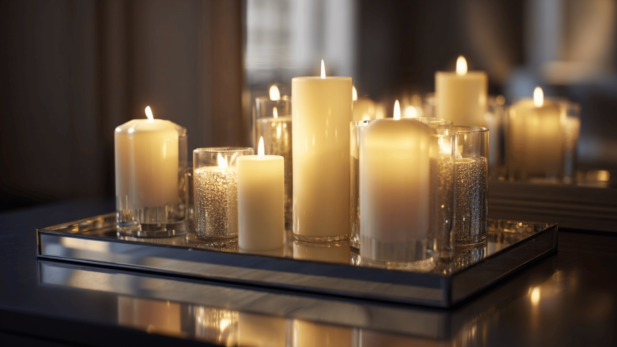Candles on mirrored tray reflecting soft light
