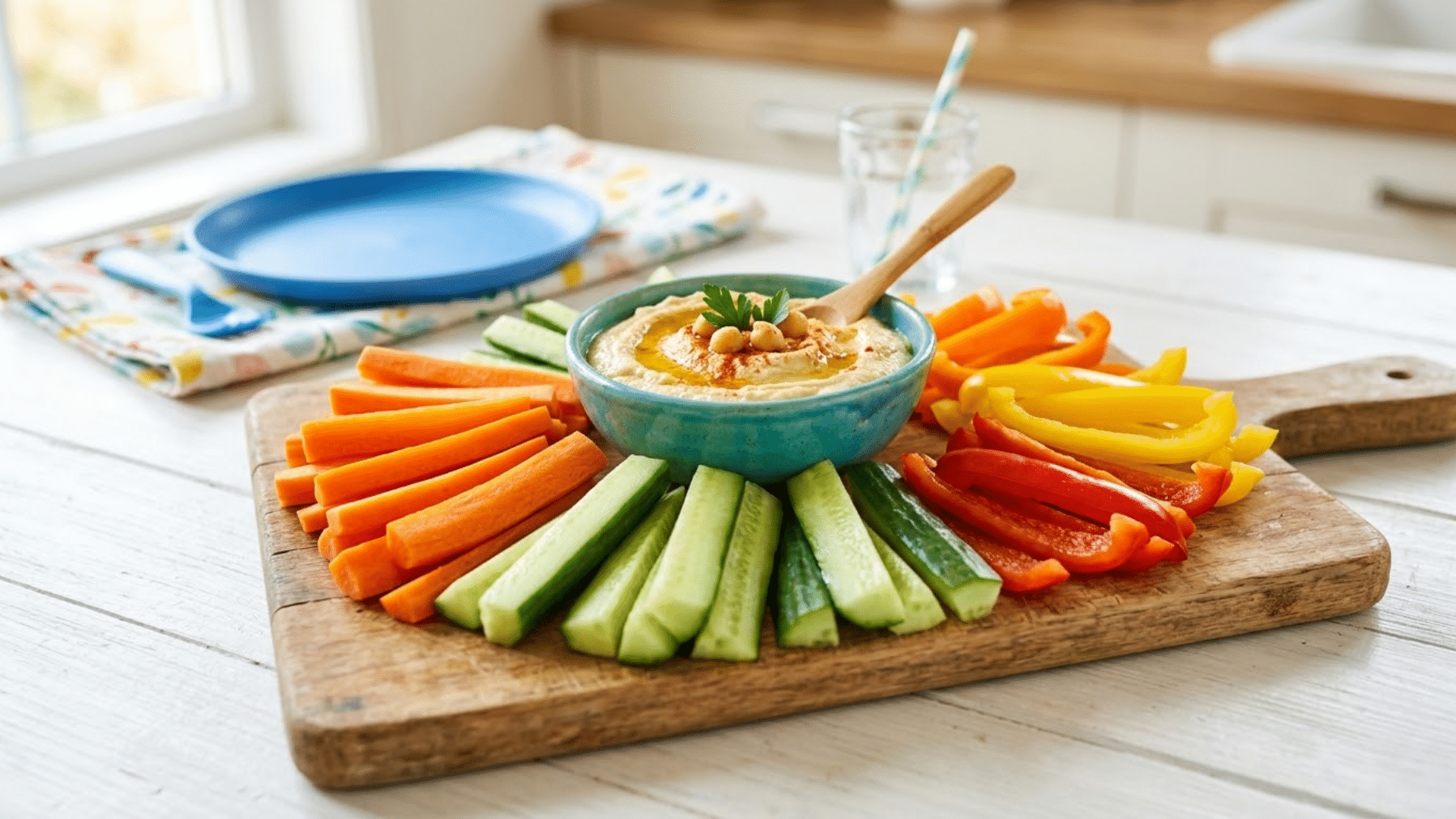 Carrot, cucumber, and bell pepper sticks served with hummus as a healthy snack for kids